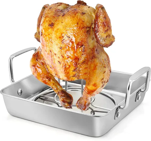TeamFar Soporte para latas de cerveza, bandeja de goteo de acero inoxidable con soporte vertical para parrilla y horno, ahumador, saludable y