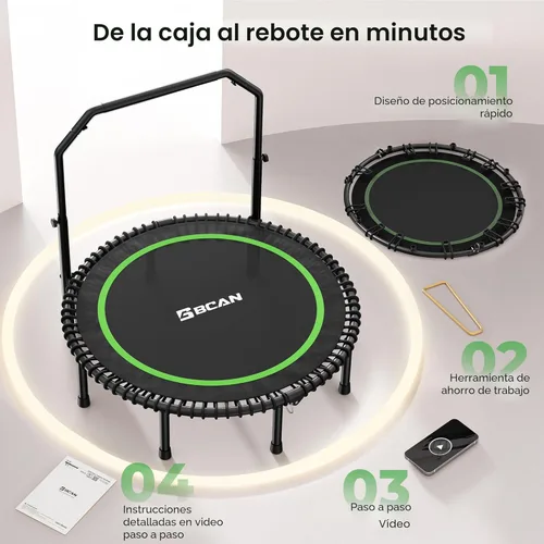 Miniatura 7 de BCAN BT2 - Mini trampolín de rebote de 450/550 libras para adultos con barra, trampolín de fitness con cuerdas elásticas, mango ajustable, estable