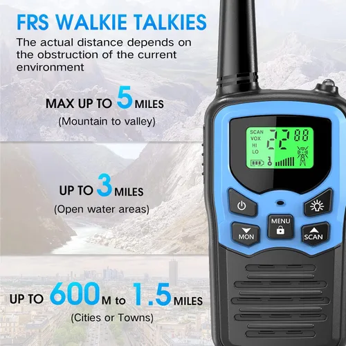 Miniatura 5 de MOICO Walkie Talkies de largo alcance para adultos con 22 canales FRS, Walkie Talkie familiar con linterna LED, pantalla LCD VOX para senderismo