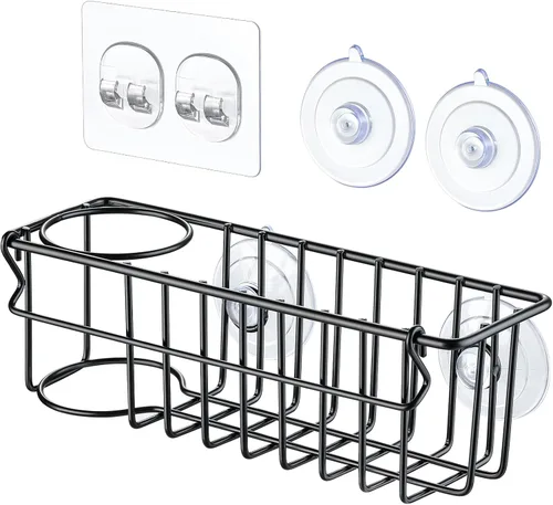 Miniatura 8 de Soporte de esponja 3 en 1 para fregadero de cocina, 2 opciones de suspensión (ventosas y gancho adhesivo), organizador de fregadero colgante