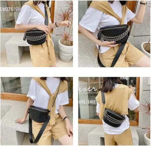Miniatura 4 de BELLSPIN Riñonera cruzada para mujer, bolsa de hombro acolchada, piel vegana con correa de cadena dorada