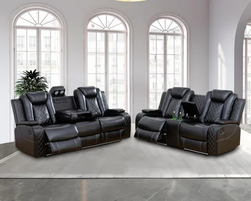 Juego de sofá reclinable eléctrico, sofá reclinable de cuero de aire con LED/portavasos/almacenamiento, 2 muebles de sala de estar, sofá de cuero