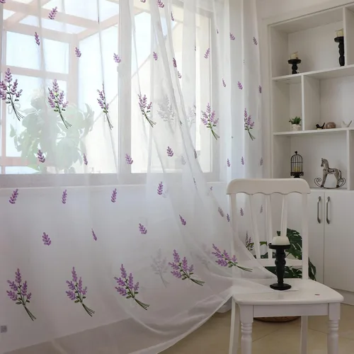 SLOW SOUL Juego de 2 paneles de cortinas traslúcidas de lino sintético semitransparentes con estampado de flores color morado lavanda para ventana,