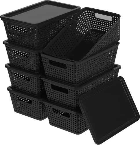 Cestas de almacenamiento de plástico con tapa, contenedores de almacenamiento para organizar, contenedores decorativos apilables para estantes, Negro