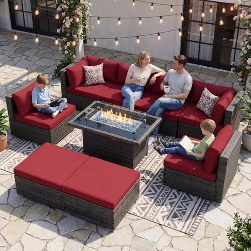 Miniatura 29 de NICESOUL Juego de muebles de patio para exteriores de 7 piezas con mesa para hoguera, gas natural y propano convertible, respaldo alto de 29.3