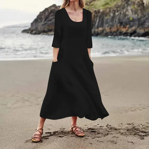 Miniatura 3 de Akivide Vestido largo de algodón y lino para mujer, manga 34, bohemio, liso, fluido, casual, verano, otoño, playa, vestido tipo camiseta