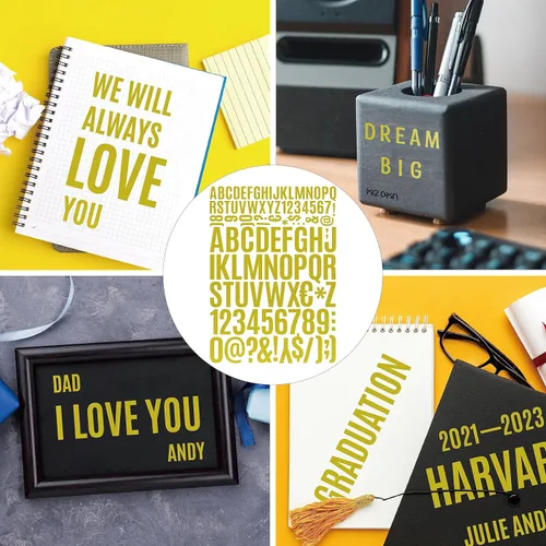 Miniatura 6 de 10 hojas de calcomanías de letras de papel de aluminio dorado, 1020 piezas de letras de vinilo autoadhesivas de varios tamaños para decoración