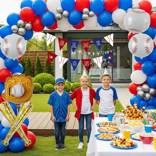 Miniatura 2 de Decoraciones de fiesta de cumpleaños de béisbol: con arco de globos rojo, blanco y azul y guantes de bate de béisbol, globos de papel de aluminio