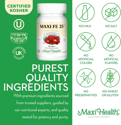 Miniatura 5 de Maxi Health Suplemento de hierro para mujeres y hombres – Hierro suave 25 mg para el estómago – Pastillas no estreñimiento* – Kosher – Sin OGM