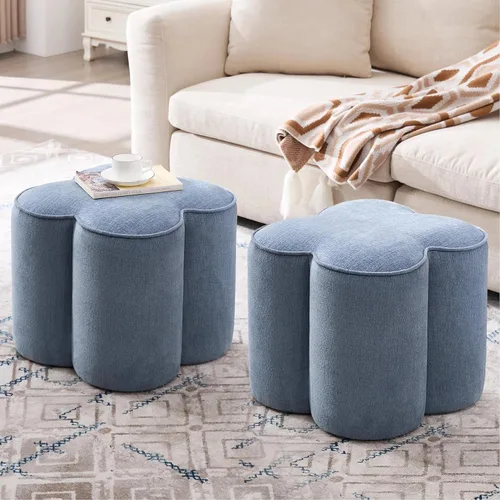 Miniatura 24 de Zesthouse Juego de 2 puf otomanos de flores, reposapiés de tela de lino beige para sofá, taburetes modernos para sala de estar, bonita otomana
