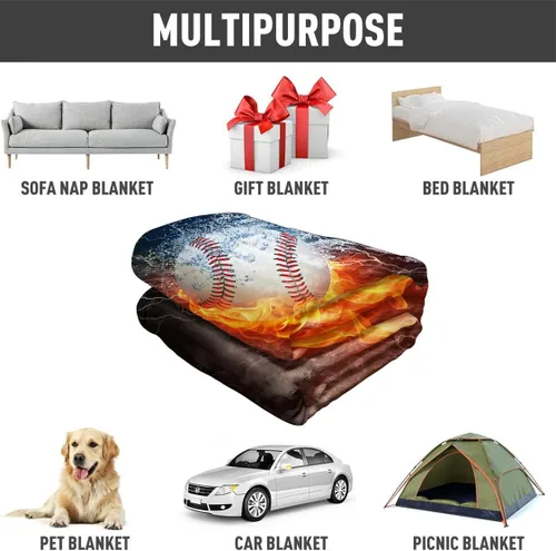 Miniatura 6 de YISUMEI Manta de béisbol impresa en 3D, 60 x 80 pulgadas, bola blanca chocar en agua y fuego, ideal para decoración del hogar con temática deportiva