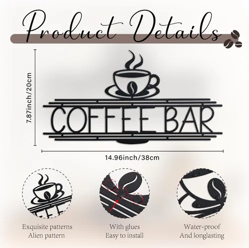 Miniatura 3 de Letrero de metal para barra de café, 14.96 x 8 pulgadas, letrero de café para pared, letrero de barra de café para estación de café, cocina
