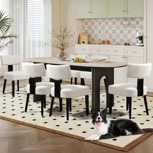 Miniatura 27 de Juego de 4 sillas de comedor, sillas de cocina de tela tapizada en madera, silla acolchada de lino sin brazos con respaldo curvo acentuado