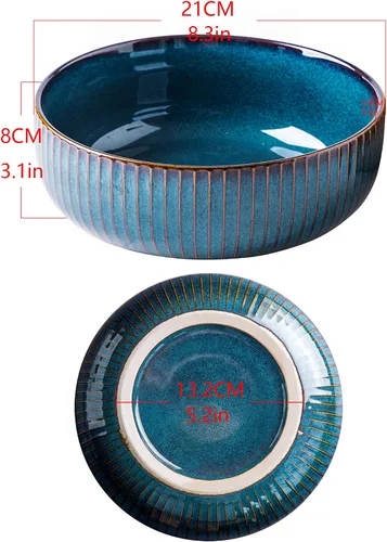 Miniatura 3 de CSYY Ensaladera de 66 onzas, 8 pulgadas, cuencos de sopa grandes, cuenco redondo de porcelana azul decorativo para ensalada, papas fritas, cereales