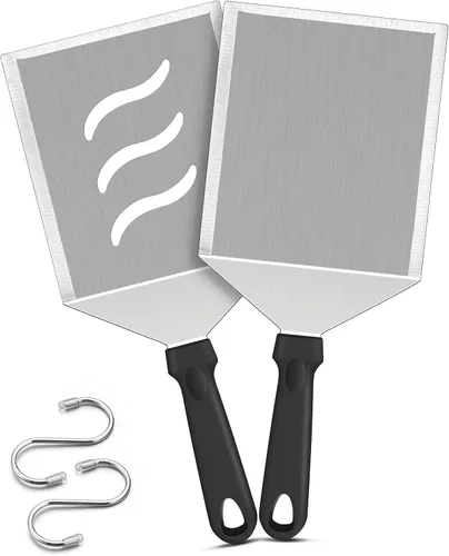 Miniatura 8 de HaSteeL - Juego de 2 espátulas de metal grandes de acero inoxidable con mango de ABS, resistente para hamburguesas y panqueques, ideal para cocinar