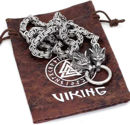 Miniatura 3 de GuoShuang Wolf Head with Thor Mjolnir Pendant Necklace Stainless Steel - King Chain