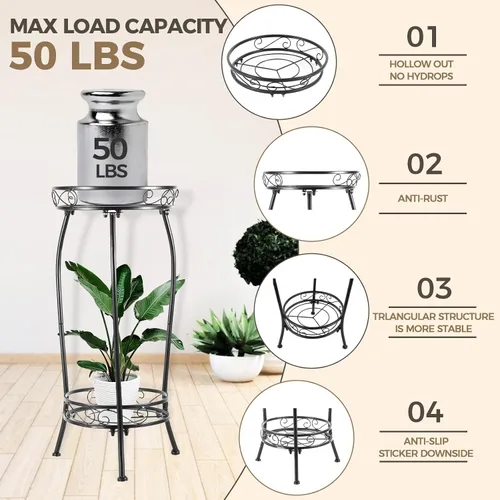 Miniatura 3 de Kavlium Paquete de 2 Soportes para Plantas de Interior y Exterior, Soportes Altos de Metal Negro Resistentes al Óxido y Estables, Estante