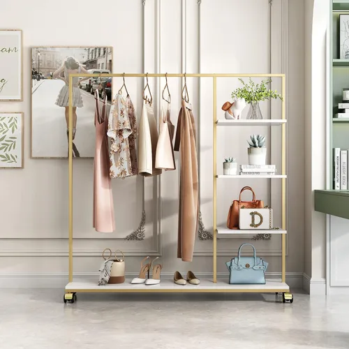 Miniatura 10 de Perchero de metal dorado con estante de madera, perchero resistente con ruedas para dormitorio, uso en boutiques minoristas (37.4 pulgadas de largo)