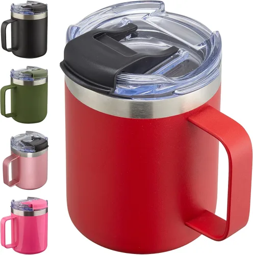 Miniatura 9 de Taza de café aislada de 12 onzas con asa, taza de café de viaje de acero inoxidable con tapa abatible, vaso de café de doble pared con aislamiento