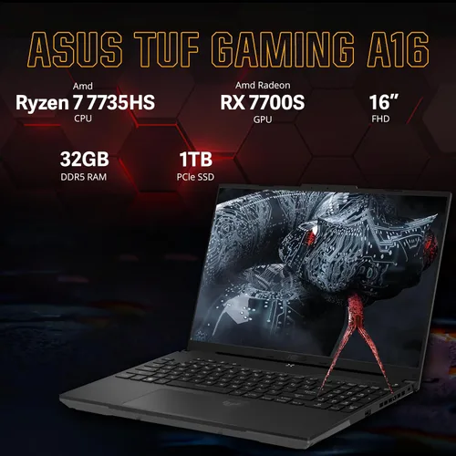 Miniatura 2 de asus TUF A16 - Laptop para juegos FHD de 16 pulgadas y 165 Hz, AMD Ryzen 7-7735HS, gráficos Radeon RX7600S V8G, RAM DDR5 de 32 GB, SSD PCIe de 1 TB
