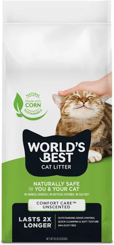 WORLD'S BEST CAT LITTER Comfort Care sin perfume, 8 libras, ingredientes naturales, aglutinación rápida, lavable, 99% libre de polvo y fabricado en