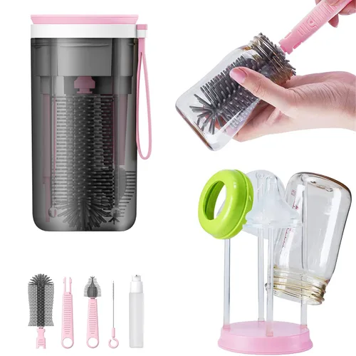 Escurridor de biberones para viajes, juego de cepillo portátil y cepillo para biberones para mamá que trabaja, visita a familiares, amigos o Rosado