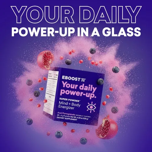 Miniatura 2 de EBOOST Super Powder - Mezcla de bebida – Acai Granada de 0.2 onzas, paquete de 20 electrolitos energizantes de hidratación en polvo, 13 vitaminas