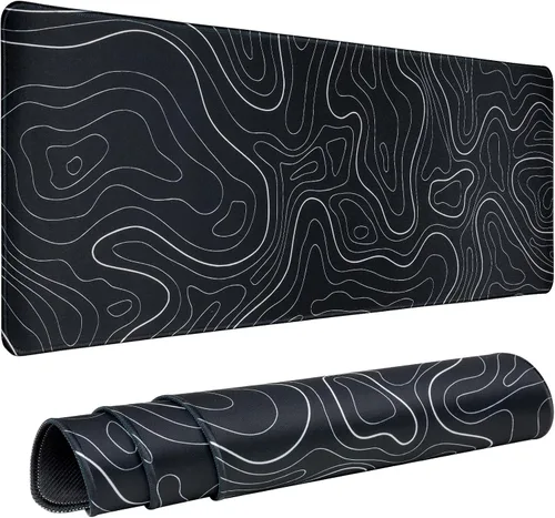 Alfombrilla para mouse para juegos grande 31.5 x 11.8 pulgadas, alfombrilla de teclado topográfica con base antideslizante y bordes cosidos, Negro