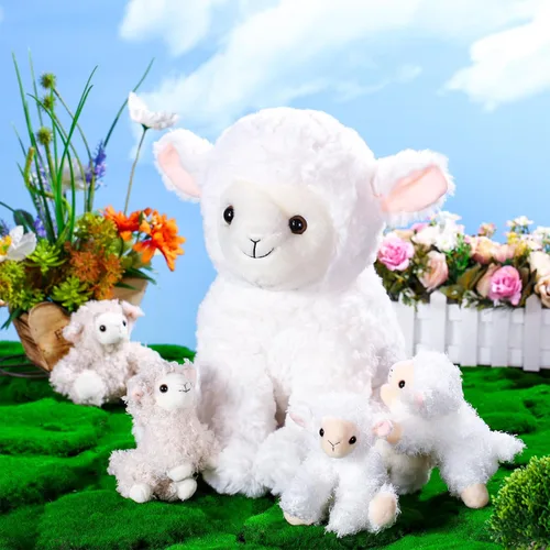 Miniatura 5 de Lenwen Juego de 5 juguetes de peluche de cordero, peluche de cordero de 14 pulgadas con 4 lindos bebés en ella, con cremallera, suave peluche