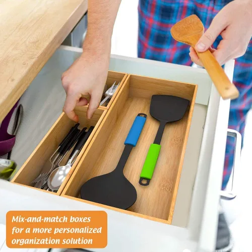 Miniatura 3 de Organizador de cajones de bambú portautensilios para cocina, organizador de almacenamiento de cubiertos de madera pequeña, bandeja de caja apilable