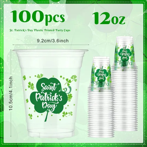 Miniatura 2 de Aoriher 100 tazas de trébol del día de San Patricio de 12 onzas desechables de plástico para feliz día de San Patricio, tazas verdes transparentes