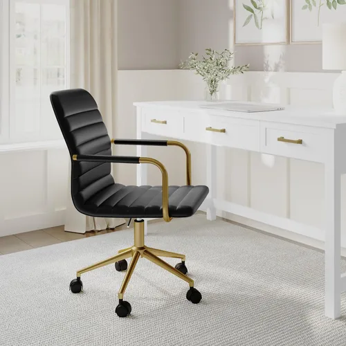 Miniatura 2 de Martha Stewart Taytum - Silla giratoria de escritorio con reposabrazos para oficina en casa, en cuero sintético negro con marco de latón pulido