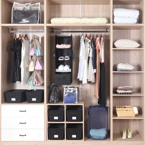 Miniatura 6 de MAX Houser Organizador de armario colgante de 4 estantes, ahorro de espacio, estantes colgantes de tela con 2 bolsillos laterales, plegable (negro)