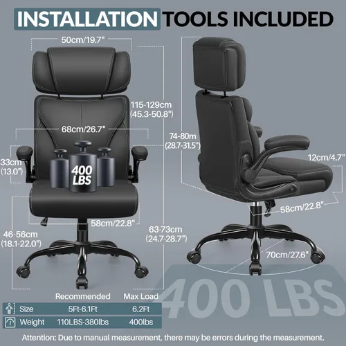 Miniatura 2 de Silla de oficina, silla ergonómica grande y alta para escritorio de computadora con reposacabezas ajustable retráctil, silla ejecutiva de cuero