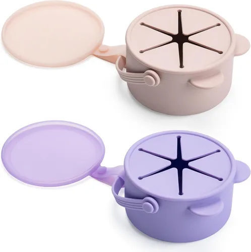 Miniatura 12 de Vasos de silicona antiderrames para niños pequeños – Recipientes portátiles para aperitivos para bebés con tapa a prueba de polvo – Vasos a prueba
