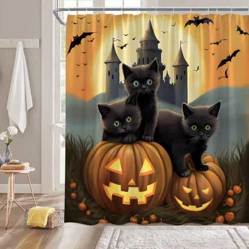 Cortina de ducha de Halloween, espeluznante gato negro, naranja, calabaza, farol, luna llena, murciélago, castillo gótico, vintage, Halloween,
