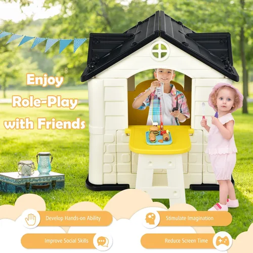 Miniatura 4 de Costzon Casa de juegos para niños, juegos de jardín al aire libre con puertas y ventanas de trabajo, casa de juguetes de simulación con mesa