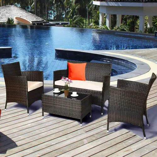 Miniatura 3 de Tangkula Juego de muebles de patio de ratán de 8 piezas, con mesa de centro de vidrio templado, juego de mesa de sofá para exteriores, con cojín