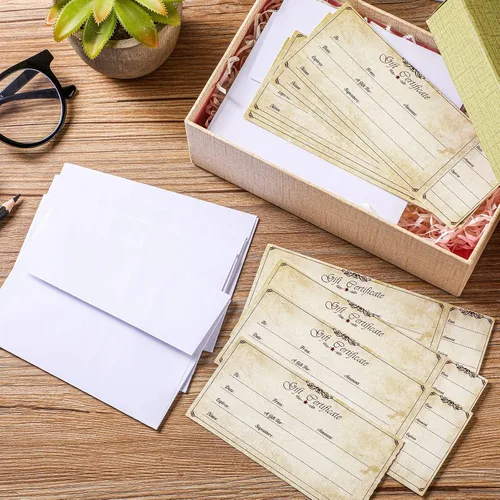 Miniatura 7 de Sinmoe 50 juegos de certificados de regalo para negocios con 50 sobres en blanco, tarjetas de certificado de regalo con nombre y dirección rústicas