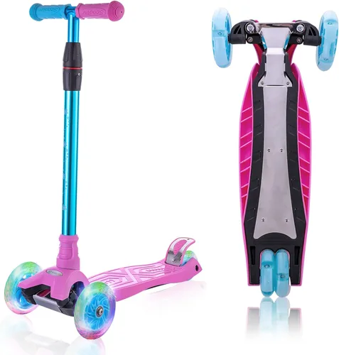 Patinete de 3 ruedas para niños de 6 a 12 años, patinete infantil con ruedas iluminadas, diseño de cubierta resistente y 4 alturas ajustables, Rosa