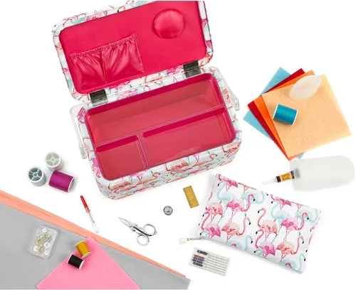 Miniatura 6 de SINGER Cesta de aparejos grande de alta calidad, estampado de flamenco pastel con kit de costura de viaje de emergencia y bolsa con cremallera a