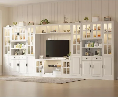 Miniatura 14 de MEISSALIVVE Mueble de pared con almacenamiento y luces LED, gran centro de entretenimiento con estanterías para televisores de hasta 70 pulgadas