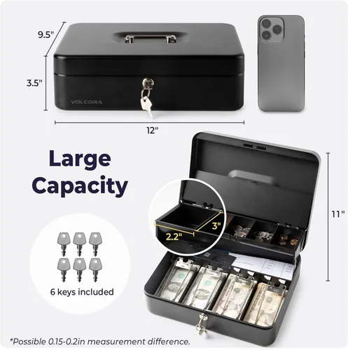 Miniatura 3 de Volcora Caja Grande de Dinero con Cerradura de Llave, Caja de Dinero de Metal para Efectivo, Caja de Seguridad con Cerradura Portátil y Bandeja