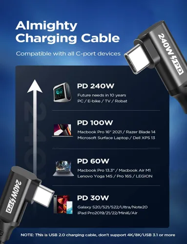 Miniatura 5 de Cable USB C a USB C de 240 W de 4.9 pies, PD 3.1 tipo C a C 5A, cable de carga rápida en ángulo recto para MacBook Pro/Air, iPad Pro/Air/Mini