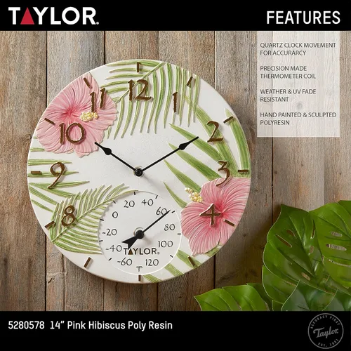 Miniatura 5 de Taylor Reloj y termómetro de poliresina de hibisco rosa para interiores y exteriores, decoración del hogar para jardín, patio, piscina y áreas