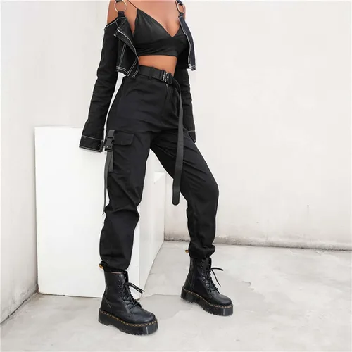 Miniatura 2 de JEAAMKSSER Pantalones cargo negros de cintura alta para mujer con bolsillos, holgados, color liso, Y2K Streetwear