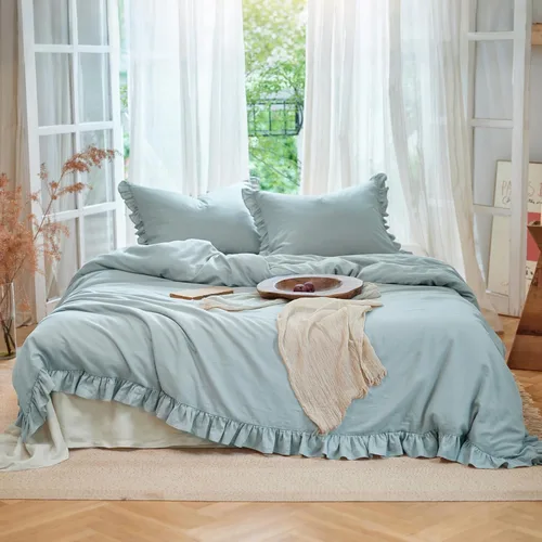 Miniatura 8 de Simple&Opulence Juego de funda de edredón de algodón de lino con volantes, 3 piezas, ropa de cama con textura suave con bordes decorativos