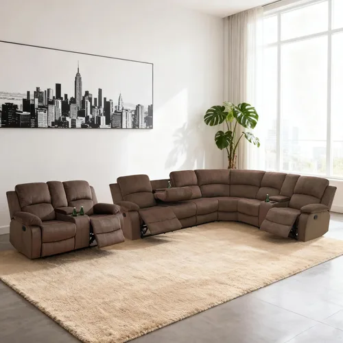 Miniatura 33 de Juego de sofá modular reclinable manual para sala de estar, sofá reclinable en forma de L, seccional de cuero con portavasos/almacenamiento