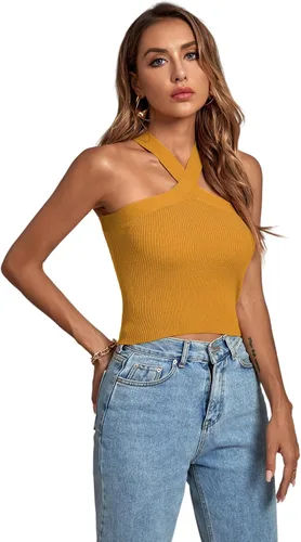 Miniatura 5 de Umenlele Camiseta corta sin mangas con cuello halter cruzado para mujer