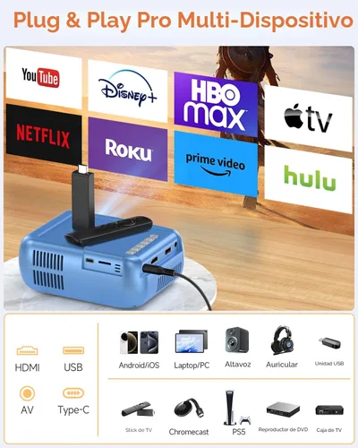 Miniatura 5 de Mini proyector con WiFi y Bluetooth, proyector de película portátil para iPhone, compatible con 1080P con altavoz de 3 W, para cine en casa al aire